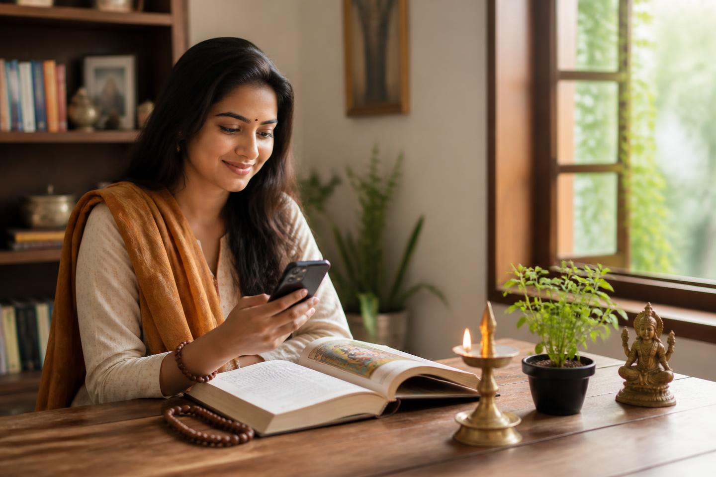 A devotee reading scripture while using spiritual guidance on her phone